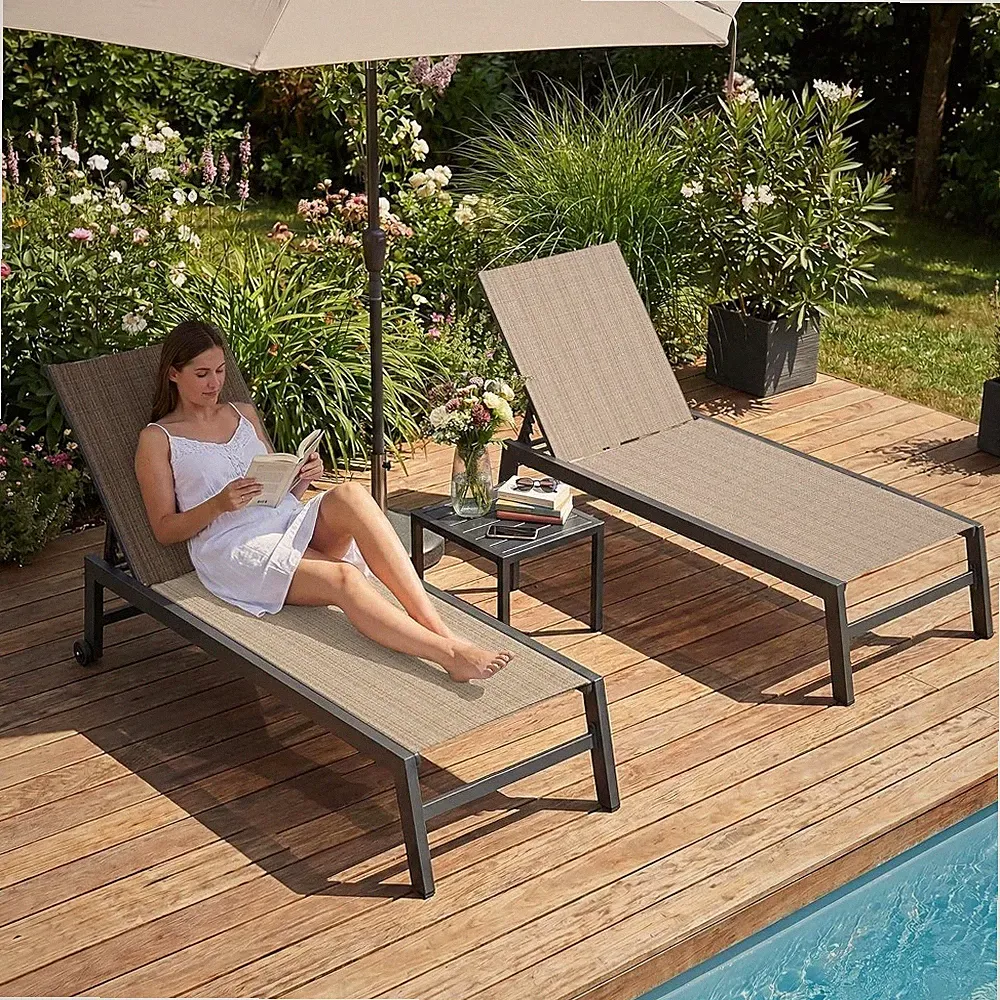 2 Pack Oversized Patio Chaise Lounge with Table, Reclining Textilene Aluminum