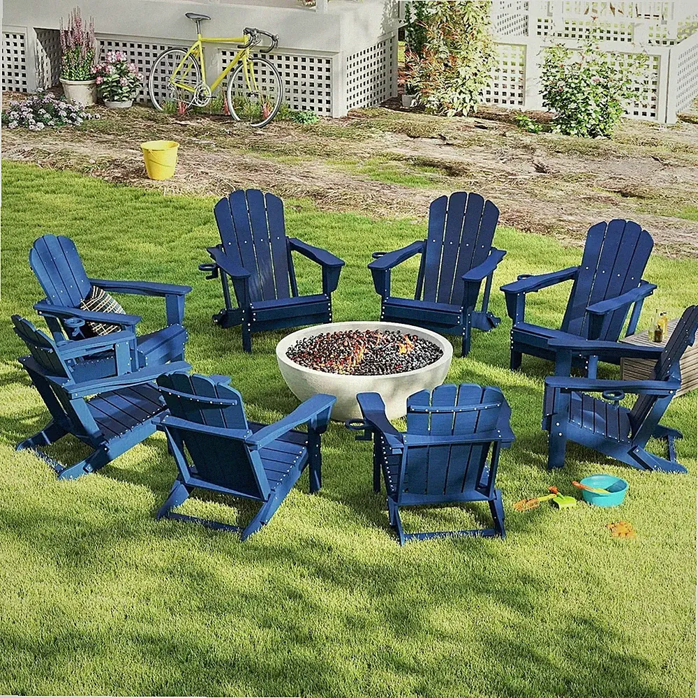 6pcs All-Weather HDPE Folding Adirondack Chair Fire Pit Chair w/Cup Holder,Blue