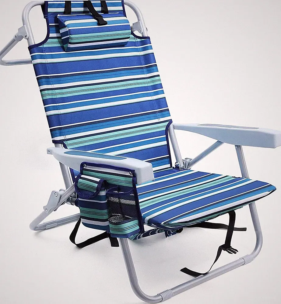 Beach Chair Heavy Duty Folding Recliner with Backpack Straps Cooler Pouch 300LB