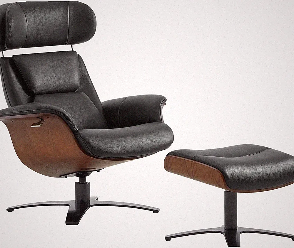 Black Genuine Leather Reclining Swivel Chair with Ottoman & Adjustable Headrest