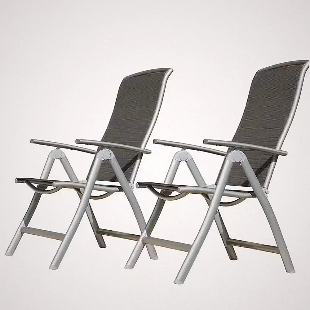 Dark Gray Aluminium Patio Folding Chairs Set of 2, Adjustable High Back Reclinin