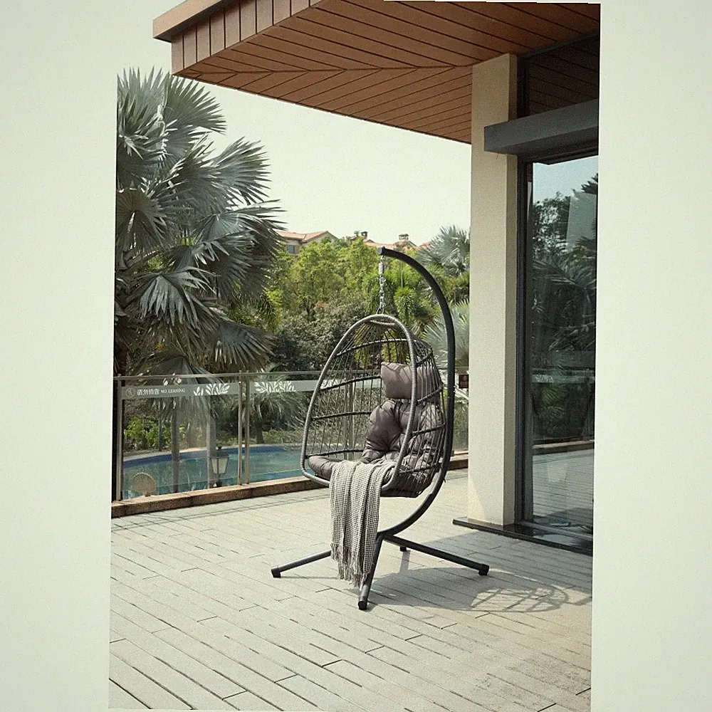 Dark Gray Cushion Egg Chair with Stand, Outdoor Wicker Hanging Swing Chair