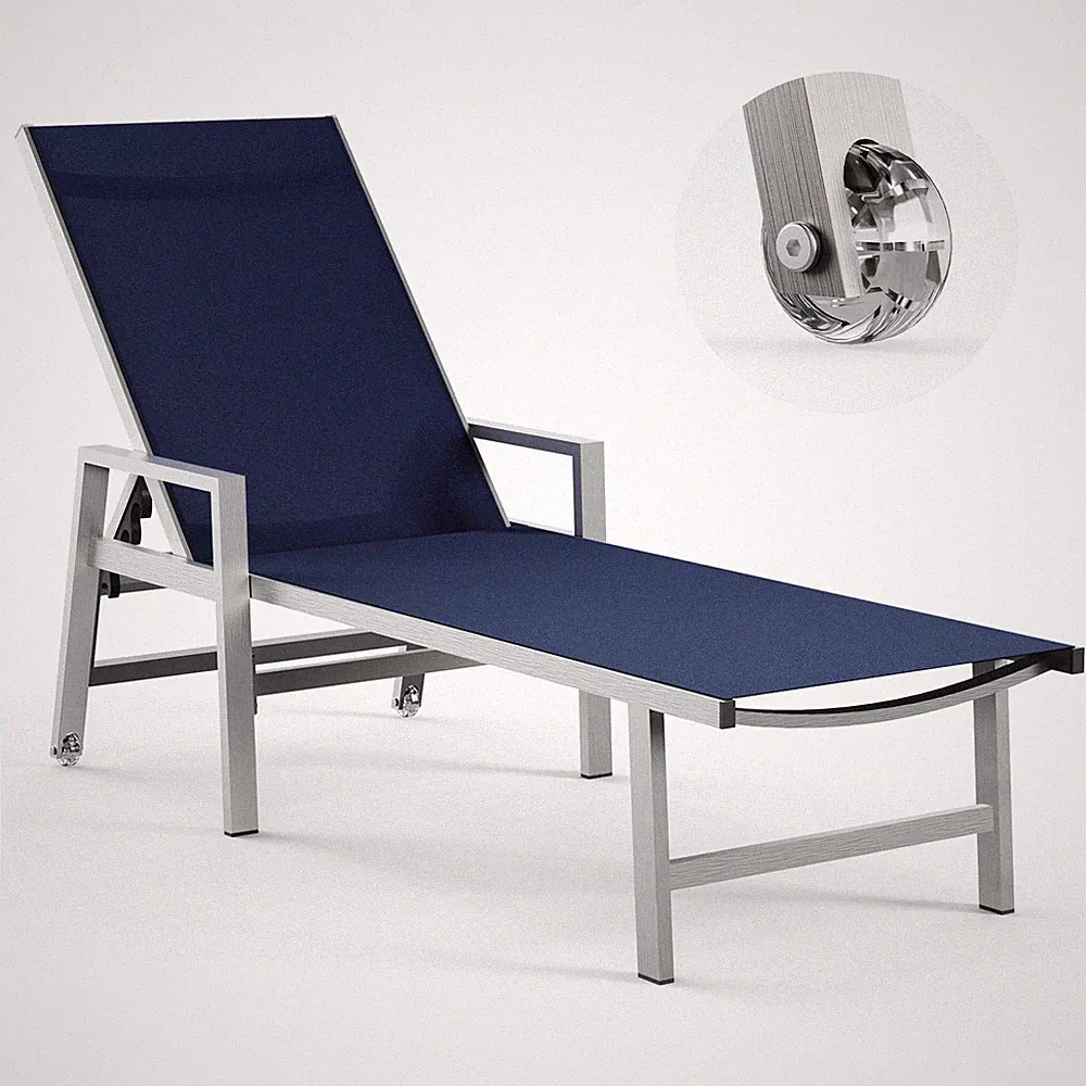 New Listing Patio Chaise Lounge Chair Adjustable Recliner Wheels Armrests Navy Blue Vexwalx