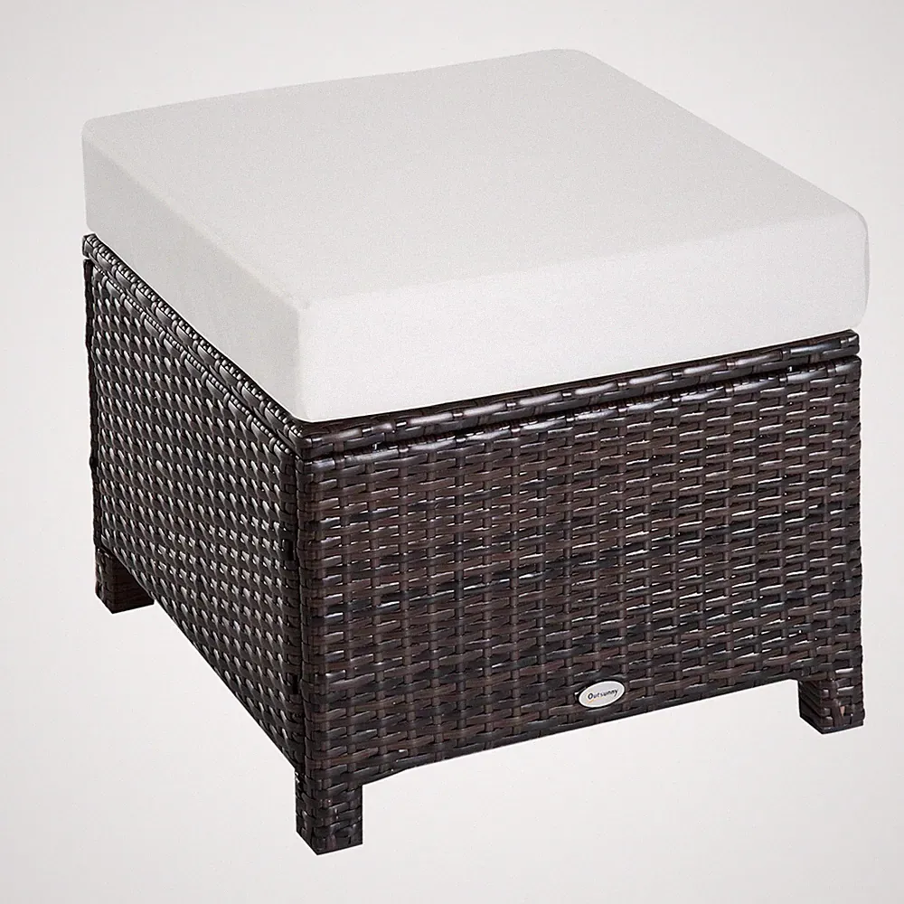 Rattan Ottoman Footstool Brown PE Rattan Aluminum Frame 50x50x35cm Cushion Thick