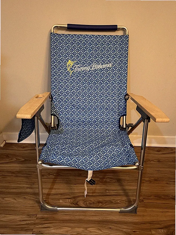 Tommy Bahama Folding Beach Chair Mens Large Palm Pattern Safe-Adjust Wood Armres
