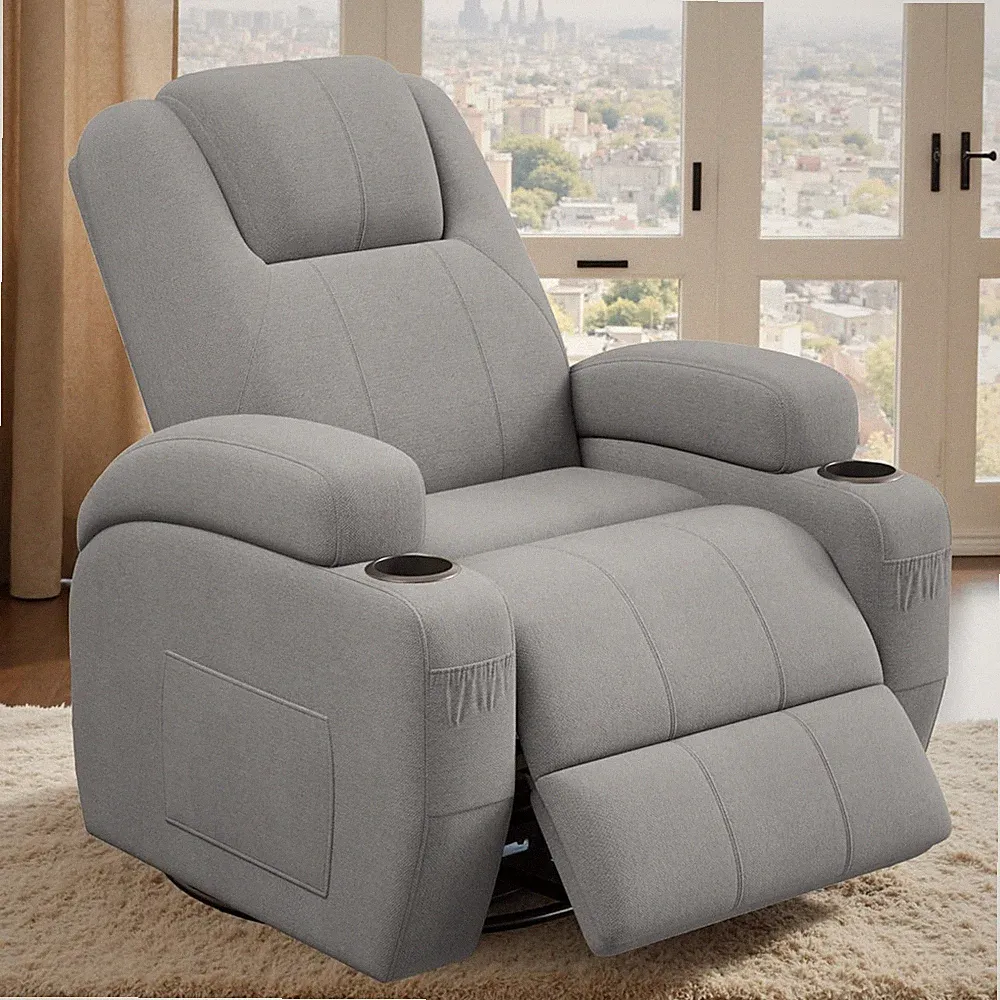 Vibrating Swivel Rocker Recliner Chair with Cup Holders - Gray Fabric
