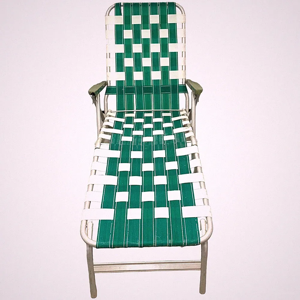 Vintage Aluminum Folding Webbed Lawn Patio Lounge Chair White Green Reclining