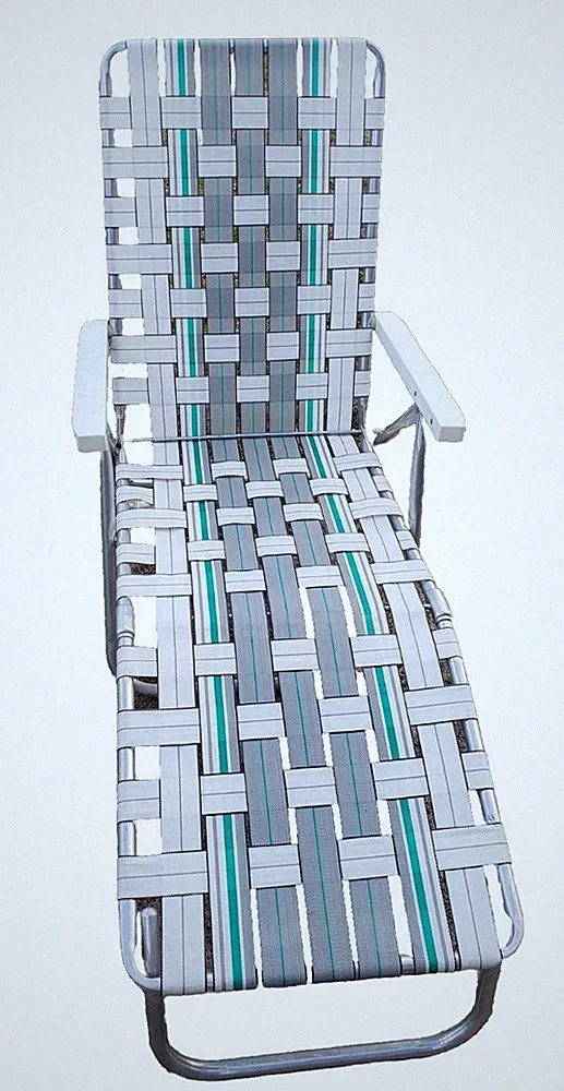 Vintage Aluminum Webbed Lawn Patio Lounge Chair White Gray Green Reclining