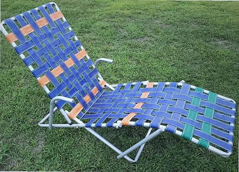 Vintage Rare Ergonomic Aluminum Webbed Folding Reclining Lounge Lawn Chair Blue