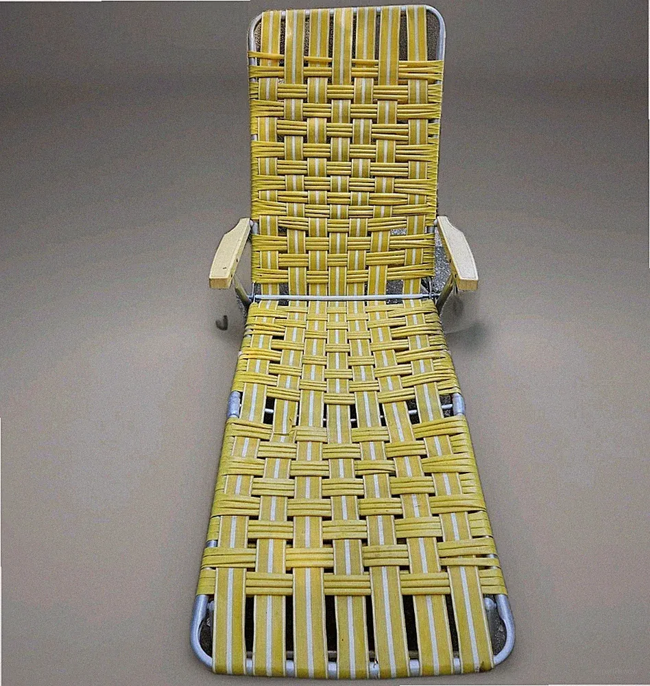 Vtg Aluminum Lawn Patio Reclining Lounge Chair Adjustable Yellow Vinyl Tubing